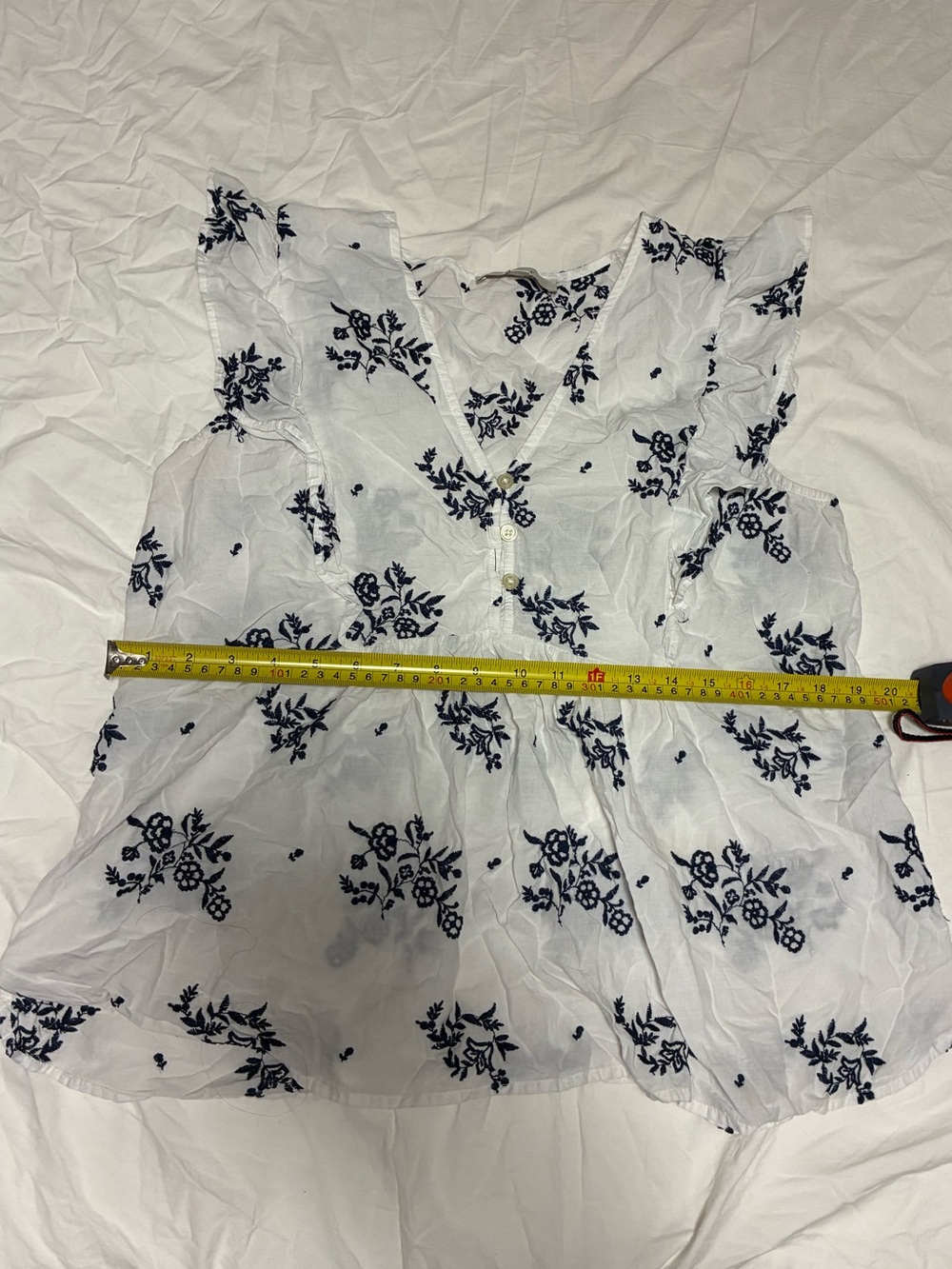 LOFT White Top with Navy Floral Print and Ruffle Sleeves
